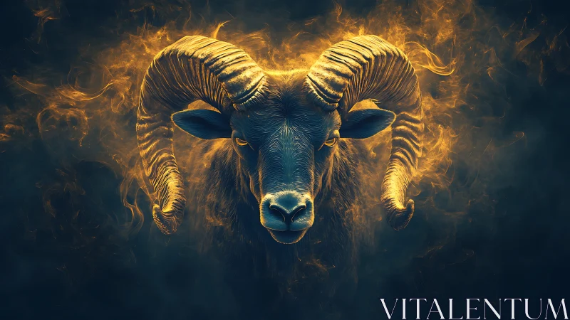 Infernal ram portrait crowned in swirling golden firestorm.