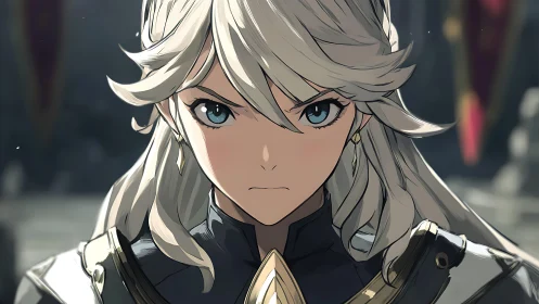 Silver haired armored character in focused frontal view.