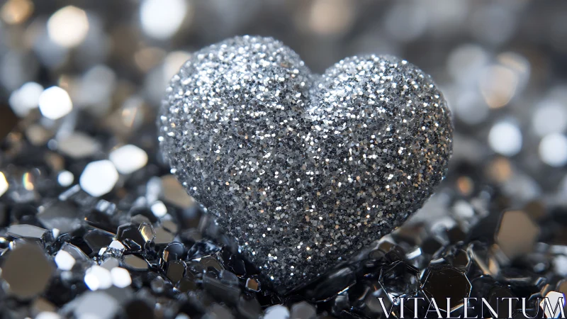 Silver glitter heart resting on reflective crystals.