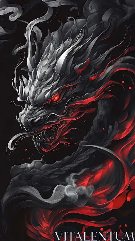Dragon head emerges from swirling smoke with red energy