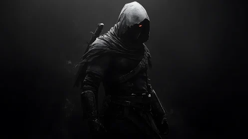 Hooded rogue silhouette with glowing eye under dramatic rim light