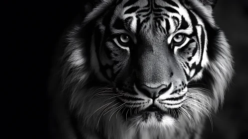 Monochrome tiger portrait in high-contrast photorealistic study.