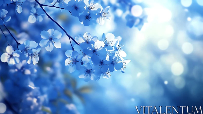 Blue Blossoms on Branches with Bokeh Background.