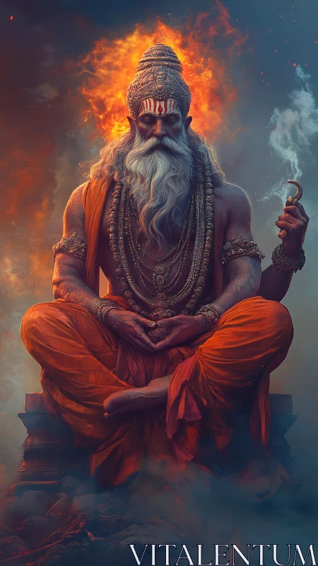 Fiery ascetic yogi in meditation with glowing ember aura.