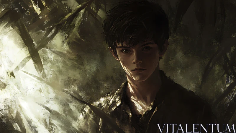 Digital painting portrait of solitary boy in dappled forest light.