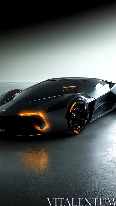 Futuristic black hypercar with orange neon edge lighting.
