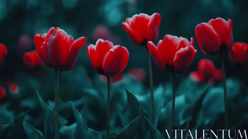 Red Tulips Against Teal Background.