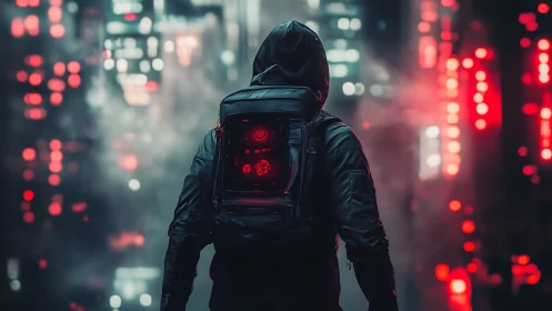 Lone night wanderer glowing softly in neon city haze.