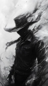 Shadowed gunslinger dissolves into swirling monochrome smoke.