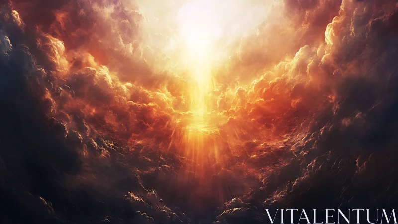 Radiant vertical light column within dense storm clouds.