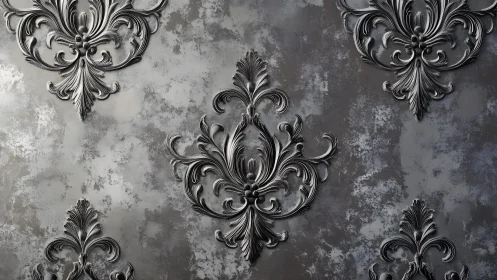Ornate Baroque Pattern on Metallic Grey Textured Wallpaper.