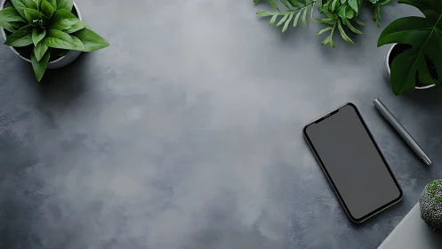 Minimalist Workspace Composition with Potted Succulents and Mobile Device