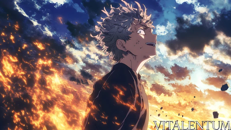 Anime boy stands in flames against dramatic glowing sky
