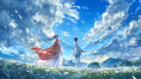 Two figures in windy flower field under expansive sky.