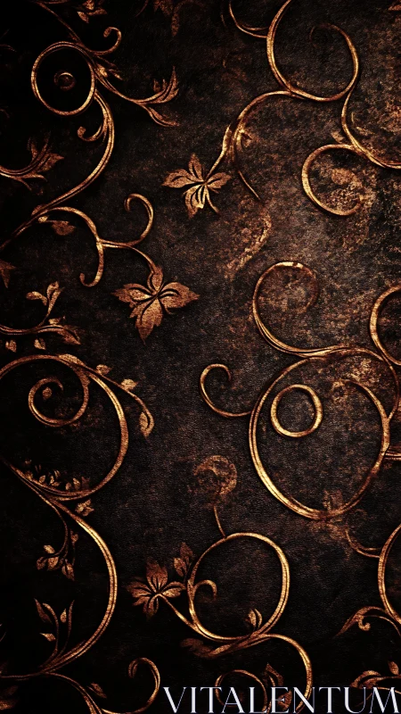 Ornate gold floral scrollwork on distressed dark leather.