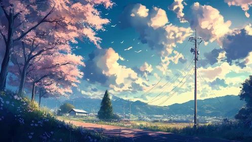 Pastel cherry road under daydream-thick drifting clouds.