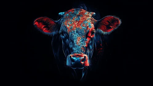 Neon-lit bovine portrait with high contrast edge-illumination