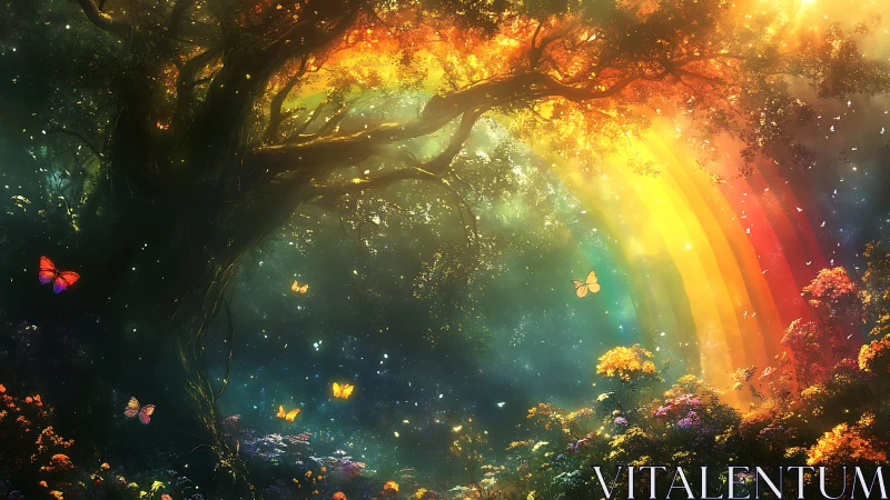 Enchanted forest glows under rainbow light and drifting butterflies