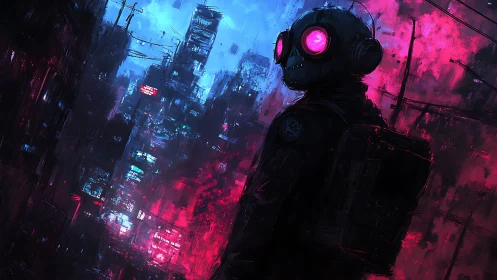 Neon-eyed wanderer drifts through glitch-lit cyber alleyways