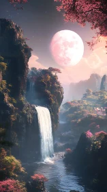 Moonlit waterfall haven under soft pink twilight sky.