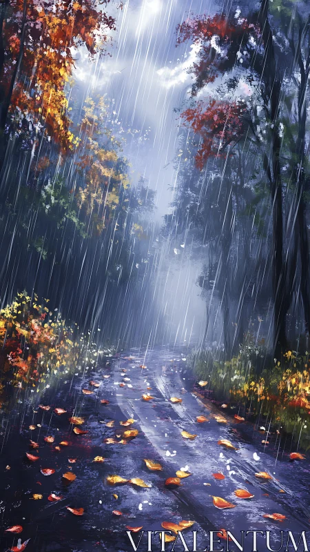 Autumn Rain's Enchanted Path Through Golden Trees.