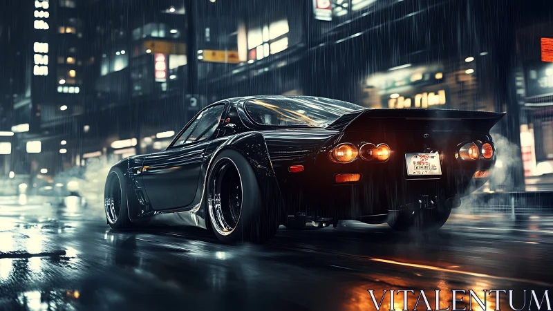 Cyberpunk street racer in cinematic rainy night pursuit.