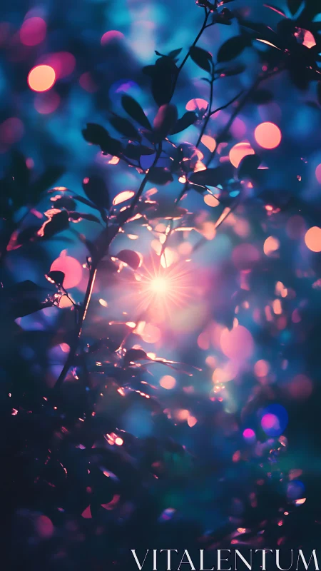 Defocused foliage frames central point light amid colored bokeh