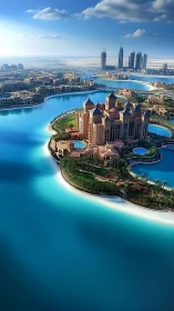 Opulent island resort amid turquoise artificial lagoon waters.