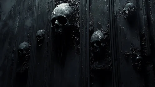 Shadows gather around solemn skulls emerging from a dark wall