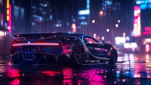 Neon-soaked hypercar in rain-lit cyber-urban streetscape.