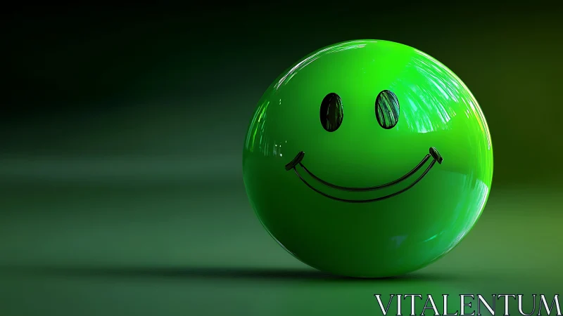 Green glossy smiley face sphere on dark gradient background.