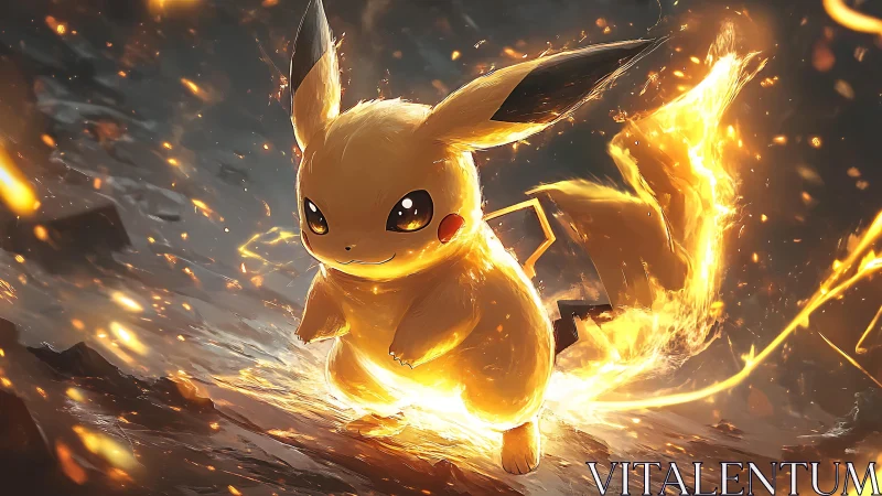 Electric ember mascot charging through a storm of sparks.