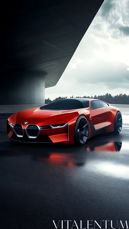 Red BMW concept sports car on wet asphalt under structure.