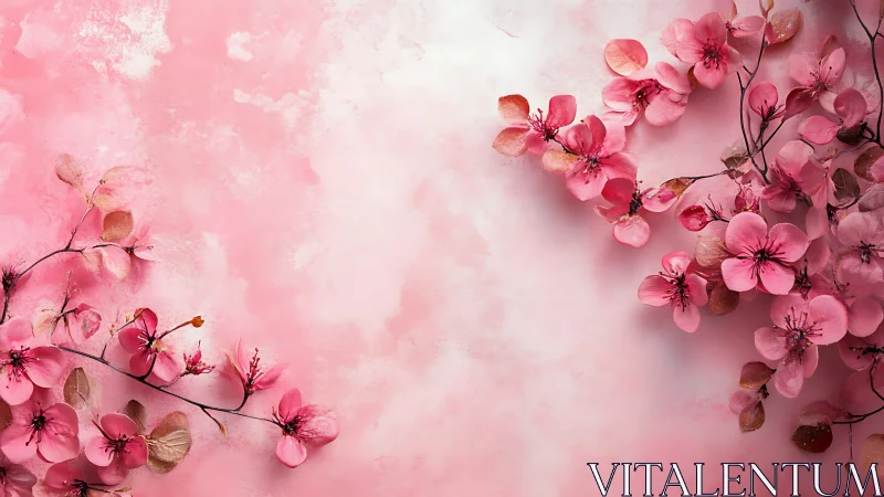 Cherry blossoms dance against dreamlike pink ethereal backdrop