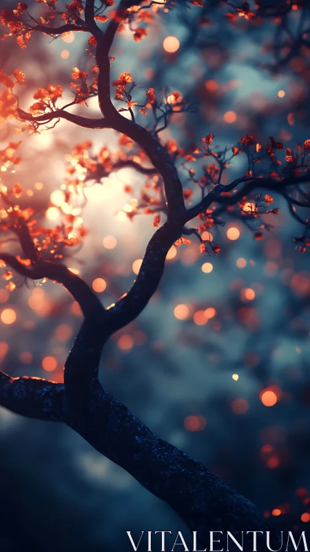 Curved bonsai silhouette under ember bokeh lightscape.