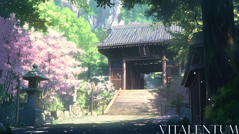 Sunlit temple gate framed by cherry blossoms and deep forest.