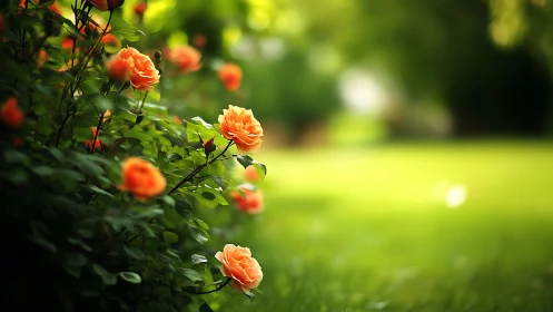 Orange Rose Shrub in Garden Setting with Blurred Background