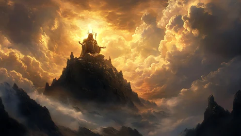 Divine monarch enthroned atop sunlit storm clouds.