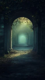 Misty ivy archway corridor fading into soft twilight.