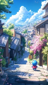 Blue mascot walks sunlit hill street toward distant city