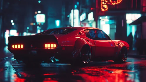 Widebody muscle car under neon rain in futuristic night street