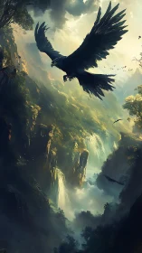 Storm-feathered raven carves a path above mythic falls