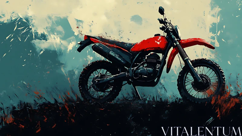 Red off-road motorcycle in expressive painterly landscape.