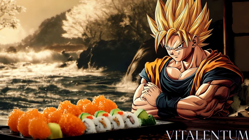 Spiky‑haired anime warrior studies vivid sushi platter composition.
