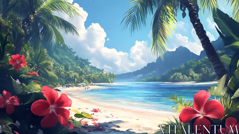 Tropical Paradise Beach Embraced by Palm Fronds.