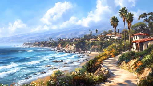 Sunlit coastal villas along a winding California shoreline.
