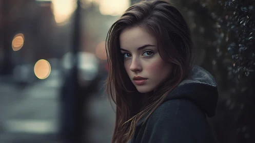 Hooded dusk wanderer with quiet city lights behind her.