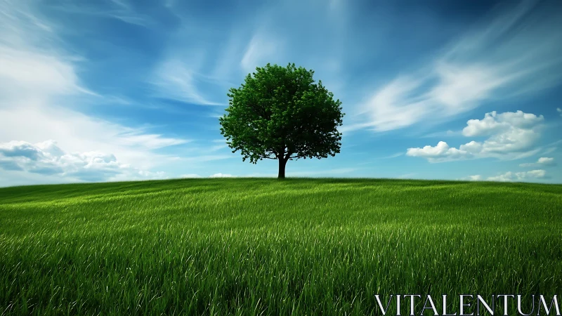Lone Green Tree on Grassy Hill Under Dramatic Blue Sky, Realistic Style.