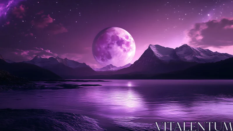 Purple lunar landscape over calm water and mountains.