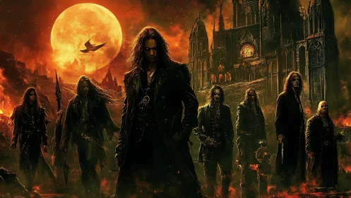 Dark-cloaked figures stand before burning gothic cathedral at moonrise